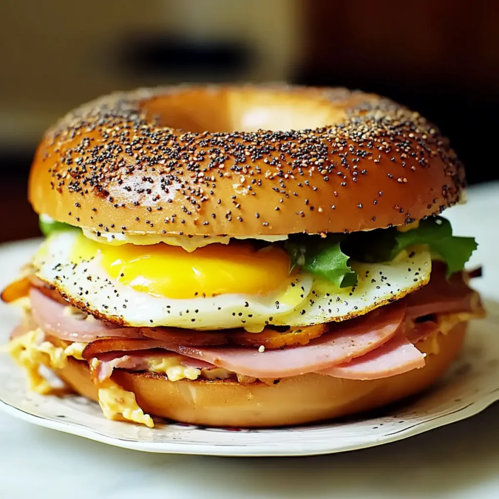 Delicious Breakfast Bagel Sandwich with Eggs, Cheese, and Ham