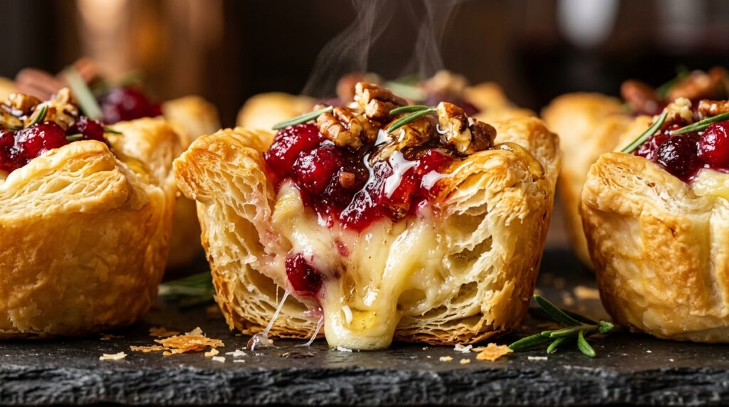 Ultra close-up macro of golden flaky puff pastry brie bites overflowing with molten brie cheese and spiced cranberry sauce