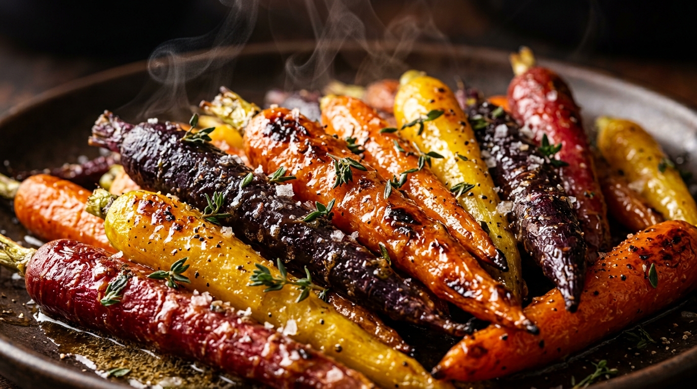 Ultra close-up macro of whole roasted rainbow carrots glistening in nutty brown butter wildflower honey glaze with fresh thyme and flaky salt