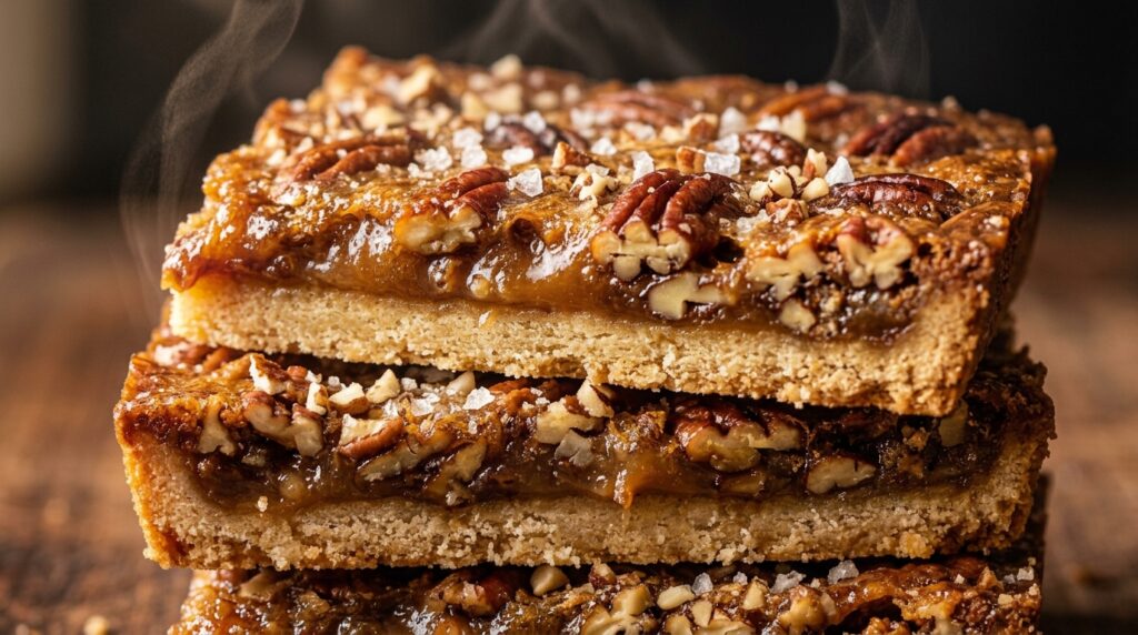 Ultra close-up macro of sliced brown butter pecan pie bars stacked with gooey pecan caramel layer and buttery shortbread crust