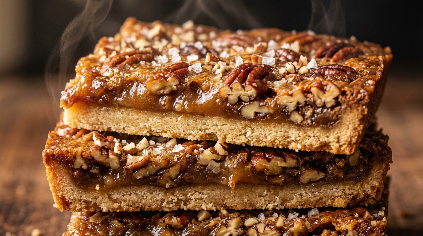 Ultra close-up macro of sliced brown butter pecan pie bars stacked with gooey pecan caramel layer and buttery shortbread crust