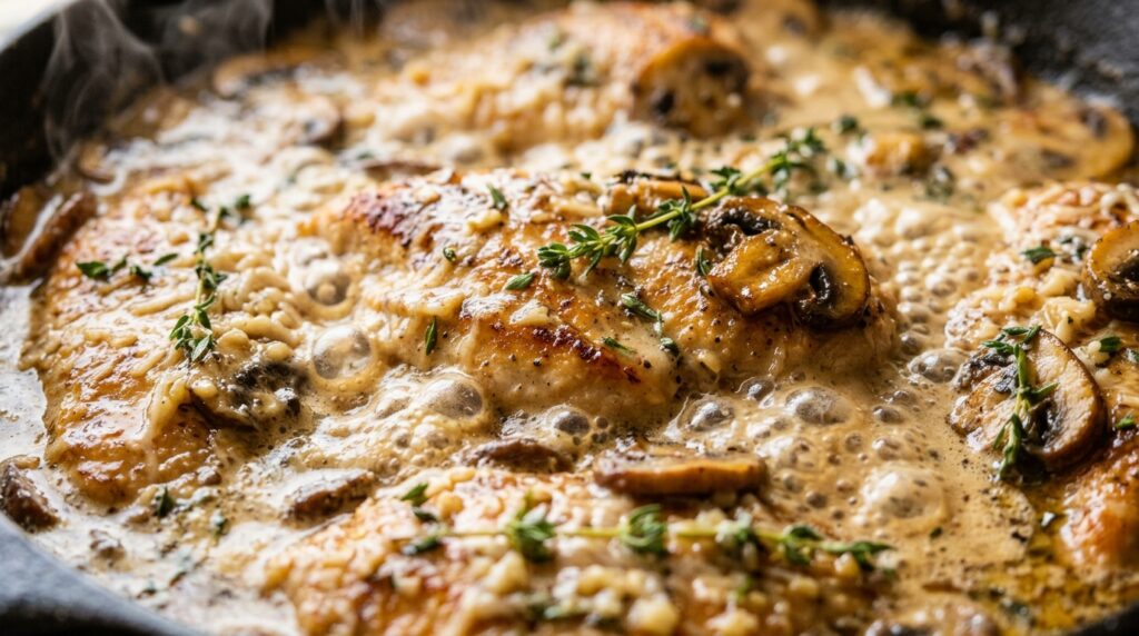 Ultra close-up macro of creamy garlic parmesan mushroom chicken simmering in a cast iron skillet