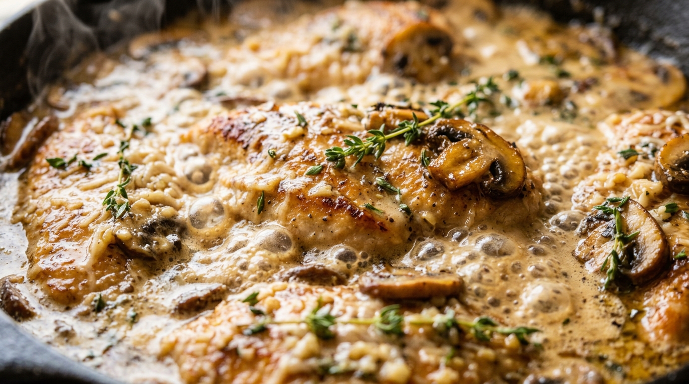 Ultra close-up macro of creamy garlic parmesan mushroom chicken simmering in a cast iron skillet