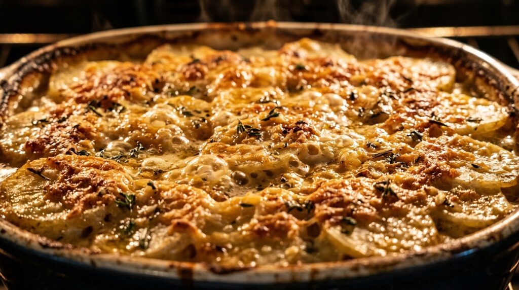 Ultra close-up macro of creamy garlic parmesan scalloped potatoes baking in a casserole dish