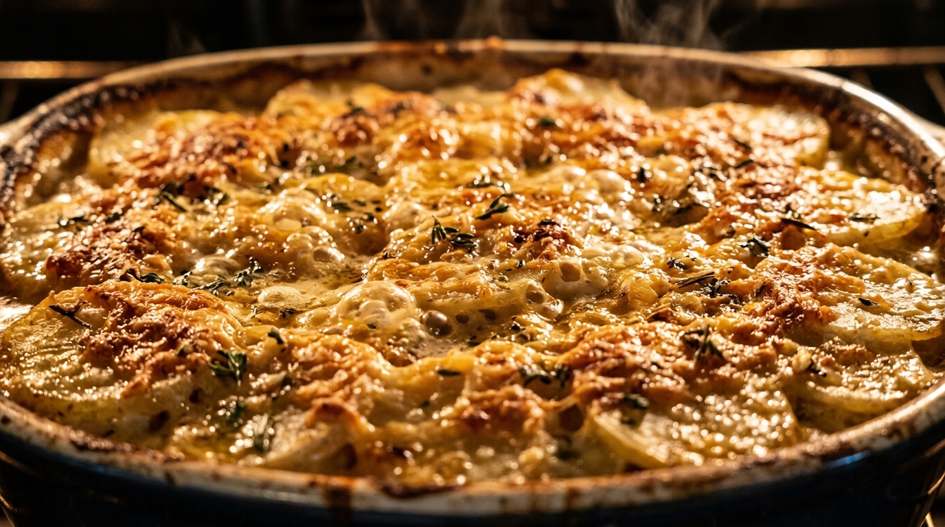 Ultra close-up macro of creamy garlic parmesan scalloped potatoes baking in a casserole dish