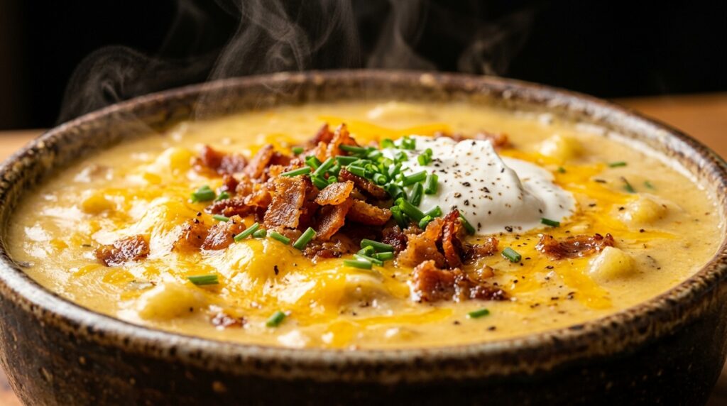 Ultra close-up macro of steaming hot creamy loaded baked potato cheddar soup with melted sharp cheddar, crispy halal beef bacon, and chives