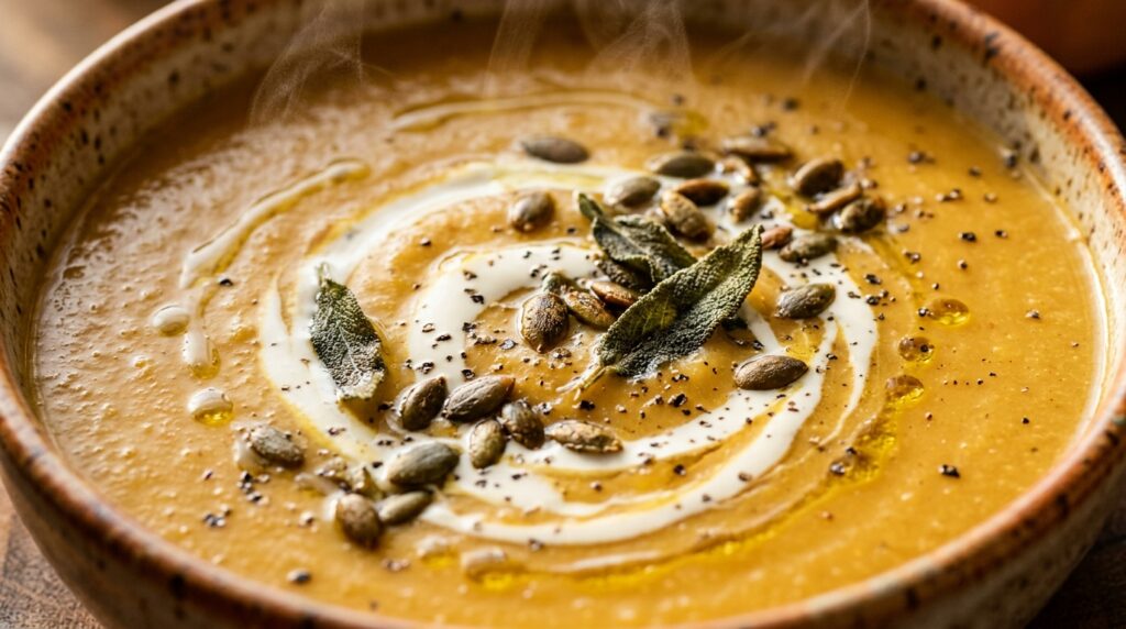 Ultra close-up macro of velvety creamy roasted garlic butternut squash soup in a ceramic bowl