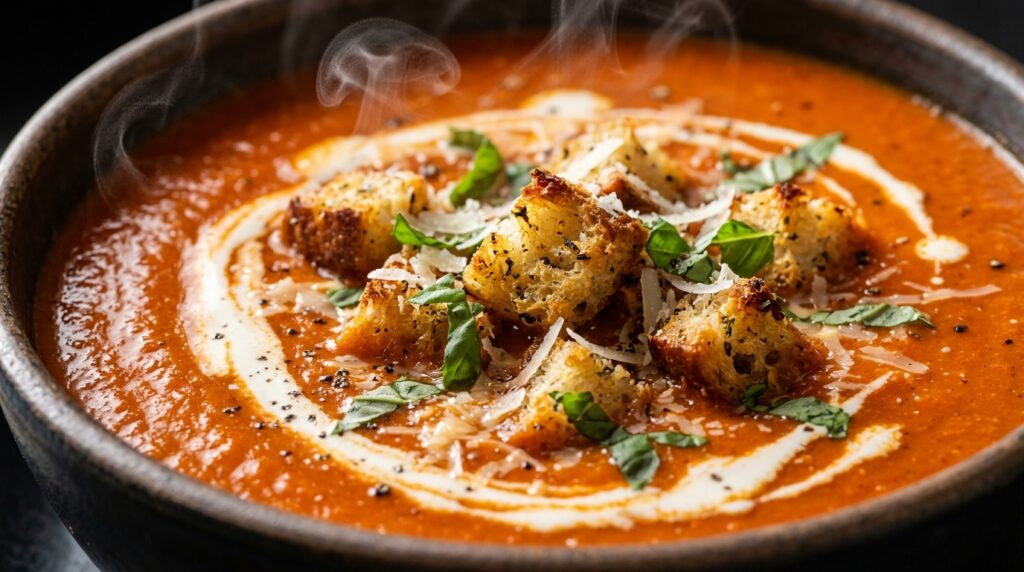 Ultra close-up macro of piping hot creamy roasted tomato basil soup with velvety cream swirl, crispy garlic croutons, and fresh basil leaves
