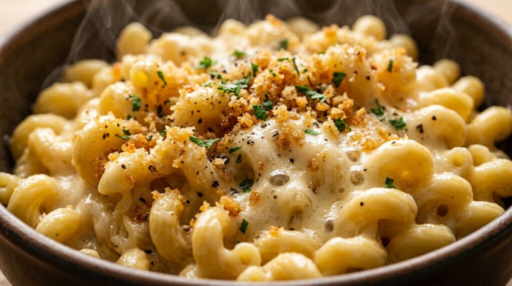 Ultra close-up macro of creamy stovetop white cheddar mac and cheese with glossy bubbling cheese sauce and golden garlic butter toasted panko breadcrumbs