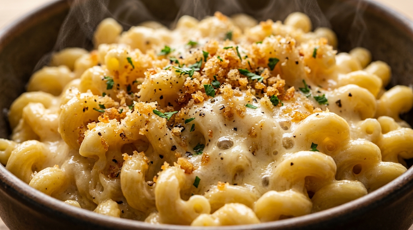 Ultra close-up macro of creamy stovetop white cheddar mac and cheese with glossy bubbling cheese sauce and golden garlic butter toasted panko breadcrumbs