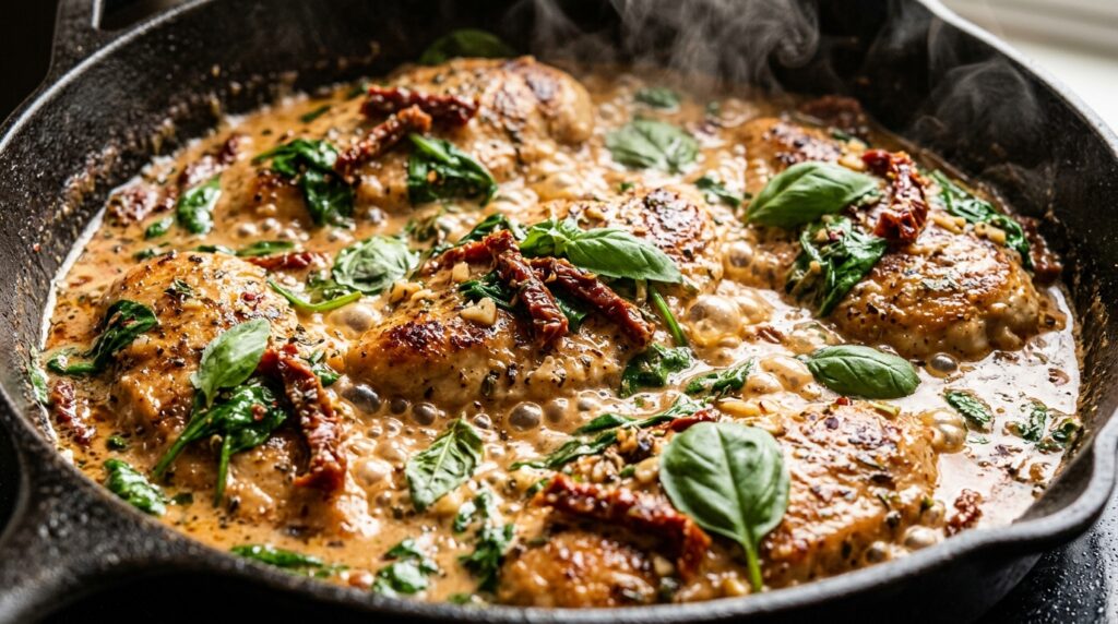 Ultra close-up macro of creamy sun-dried tomato garlic chicken simmering in a cast iron skillet