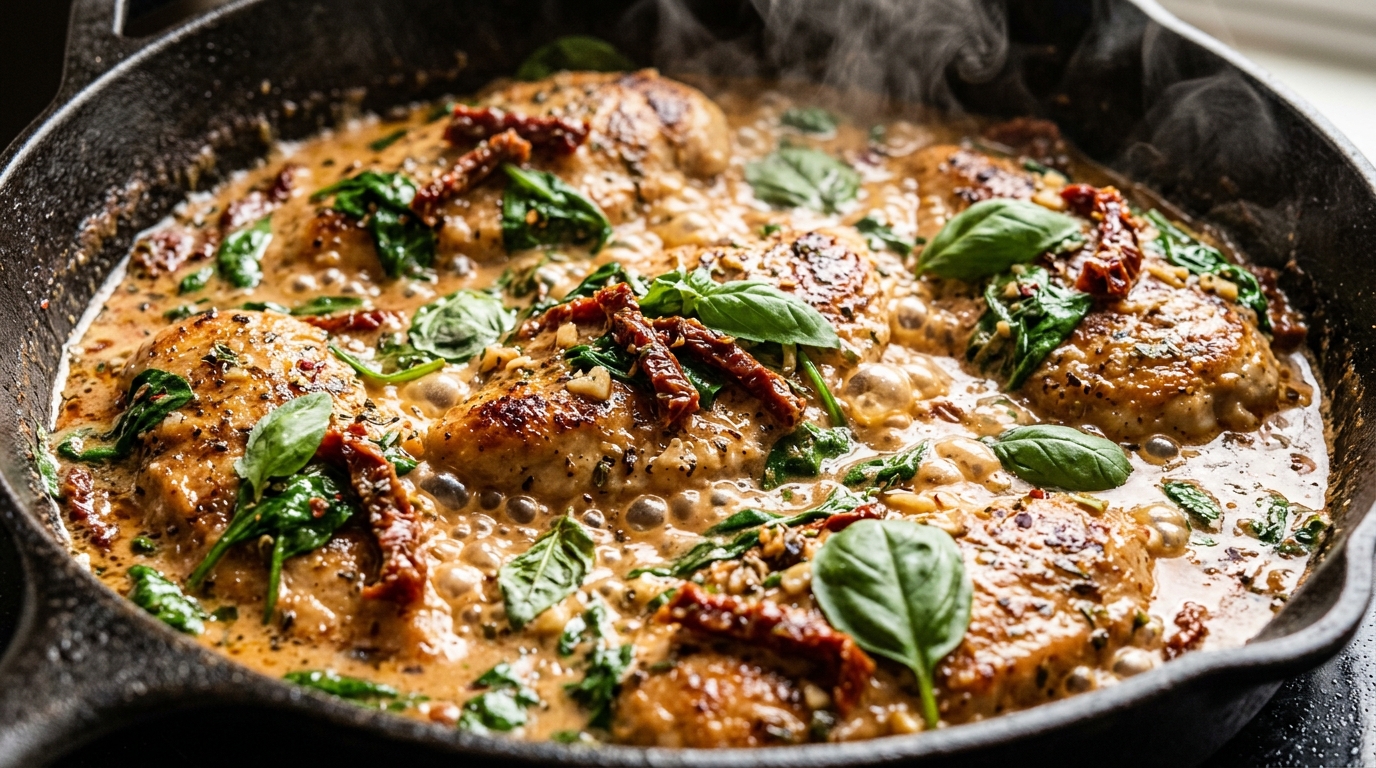 Ultra close-up macro of creamy sun-dried tomato garlic chicken simmering in a cast iron skillet