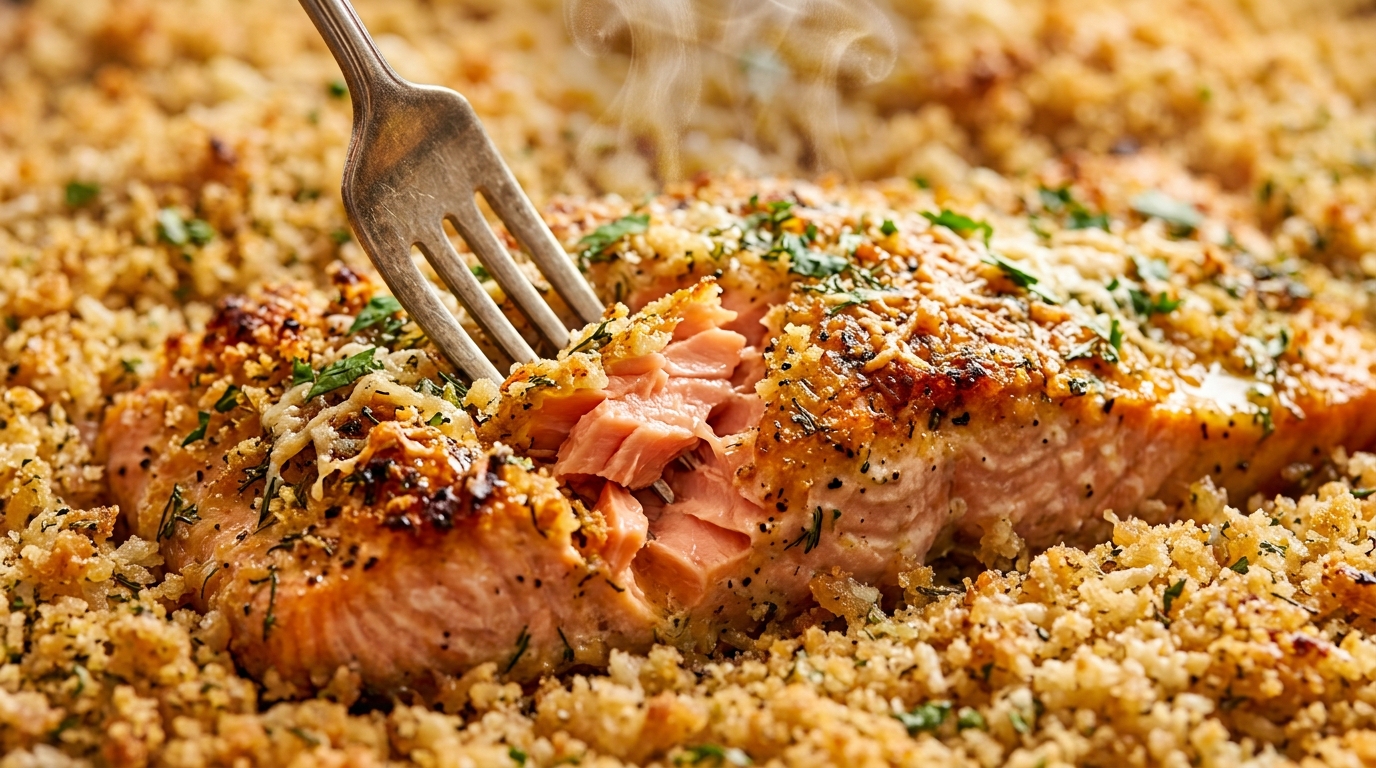 Ultra close-up macro of freshly baked crispy parmesan herb crusted salmon fillet with garlic butter, lemon, and fresh herbs
