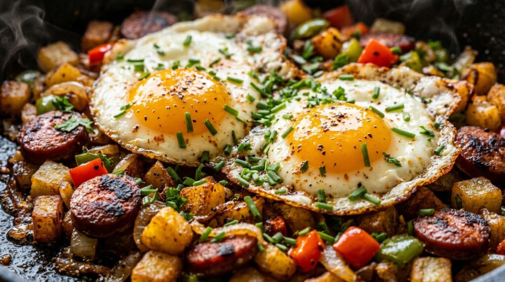 Ultra close-up macro of sizzling crispy potato and smoked beef sausage hash with sunny-side-up eggs in cast iron skillet