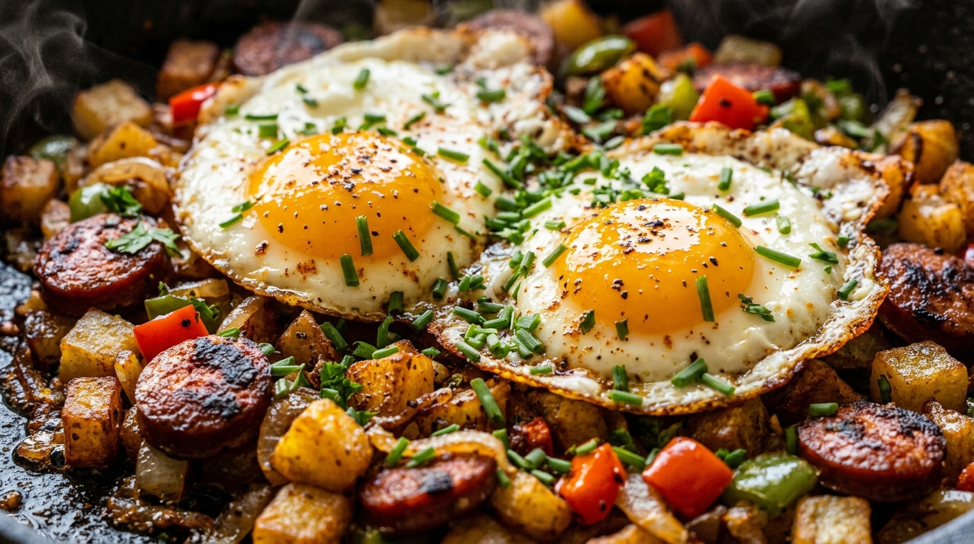 Ultra close-up macro of sizzling crispy potato and smoked beef sausage hash with sunny-side-up eggs in cast iron skillet