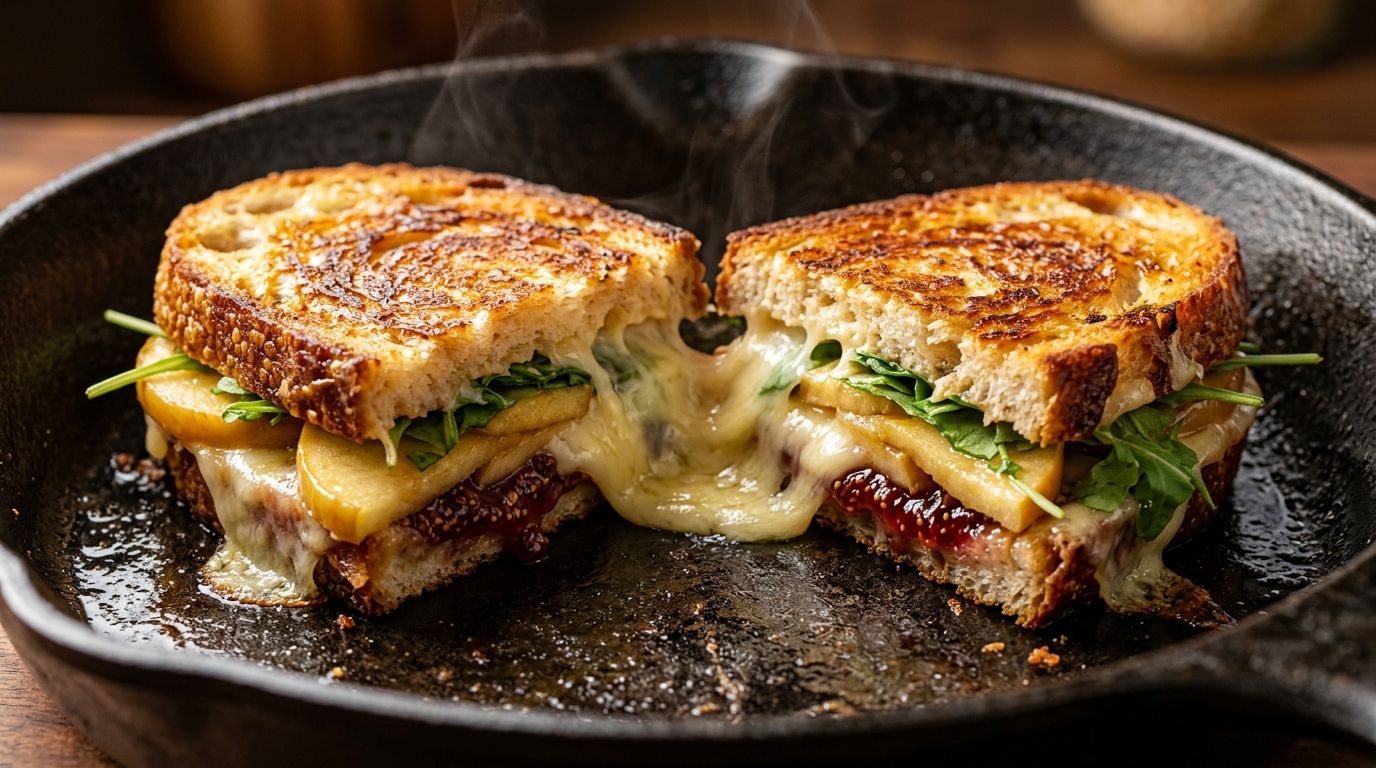 Ultra close-up macro of gourmet crispy sourdough apple fig and sharp white cheddar melt cut in half in cast iron skillet with gooey cheese pull