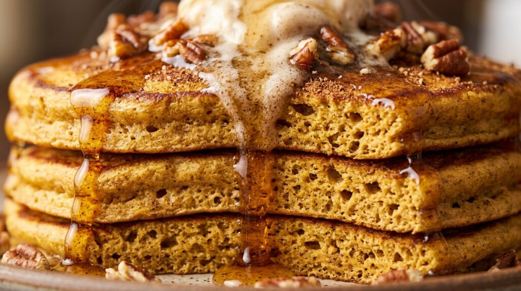 Ultra close-up macro of towering stack of golden fluffy pumpkin spice buttermilk pancakes with melting whipped pecan maple butter and maple syrup