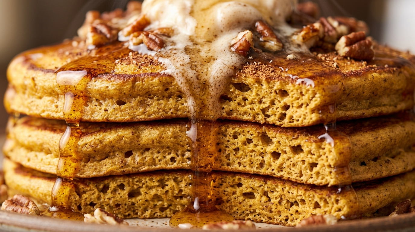 Ultra close-up macro of towering stack of golden fluffy pumpkin spice buttermilk pancakes with melting whipped pecan maple butter and maple syrup