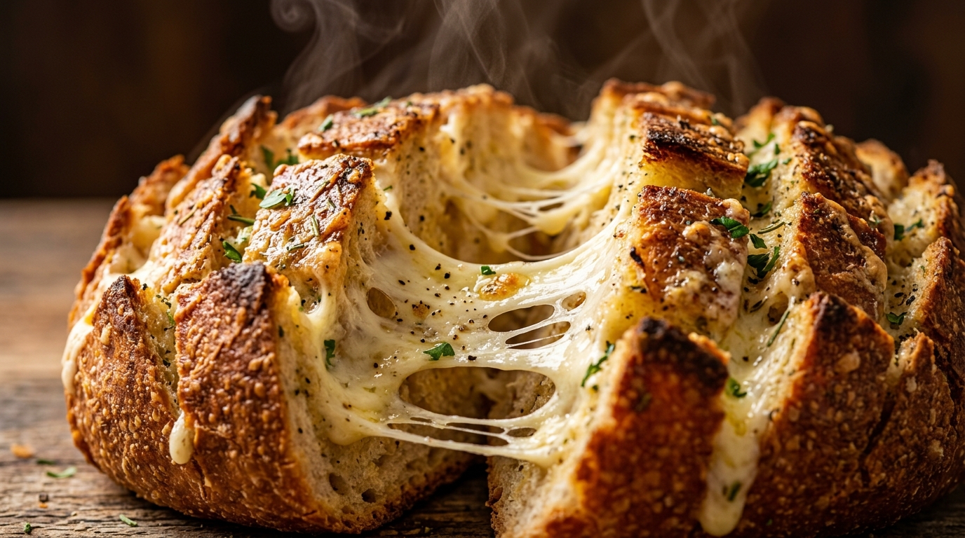 Ultra close-up macro of freshly baked crusty cheesy garlic herb sourdough pull-apart bread with bubbling mozzarella cheese strings