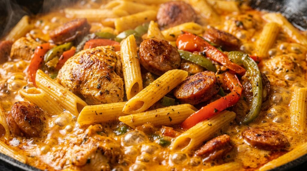 Ultra close-up macro of creamy cajun chicken and sausage pasta simmering in a cast iron skillet