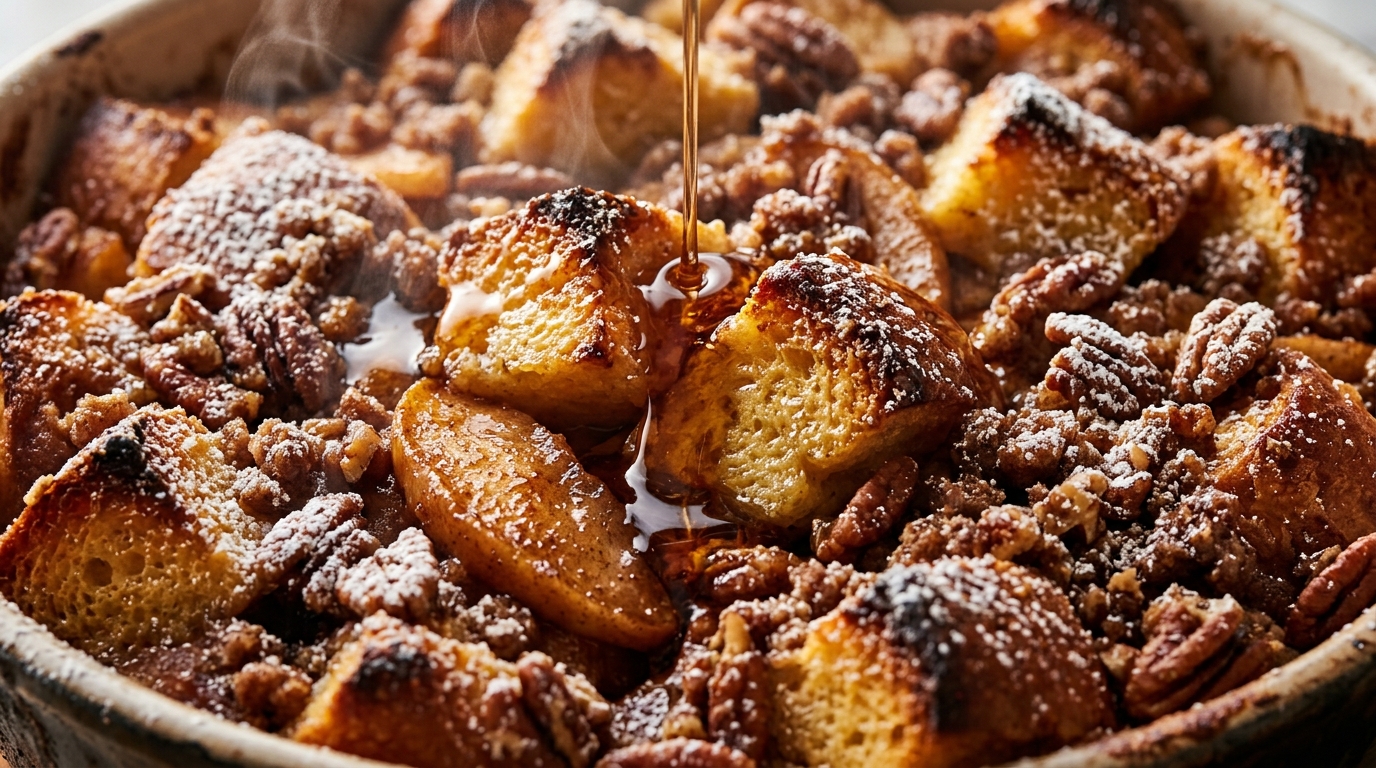 Ultra close-up macro of freshly baked golden brioche french toast casserole with caramelized cinnamon apples and brown sugar pecan streusel