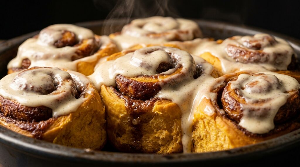 Ultra close-up macro of warm spiced pumpkin cinnamon rolls smothered in melting vanilla cream cheese icing