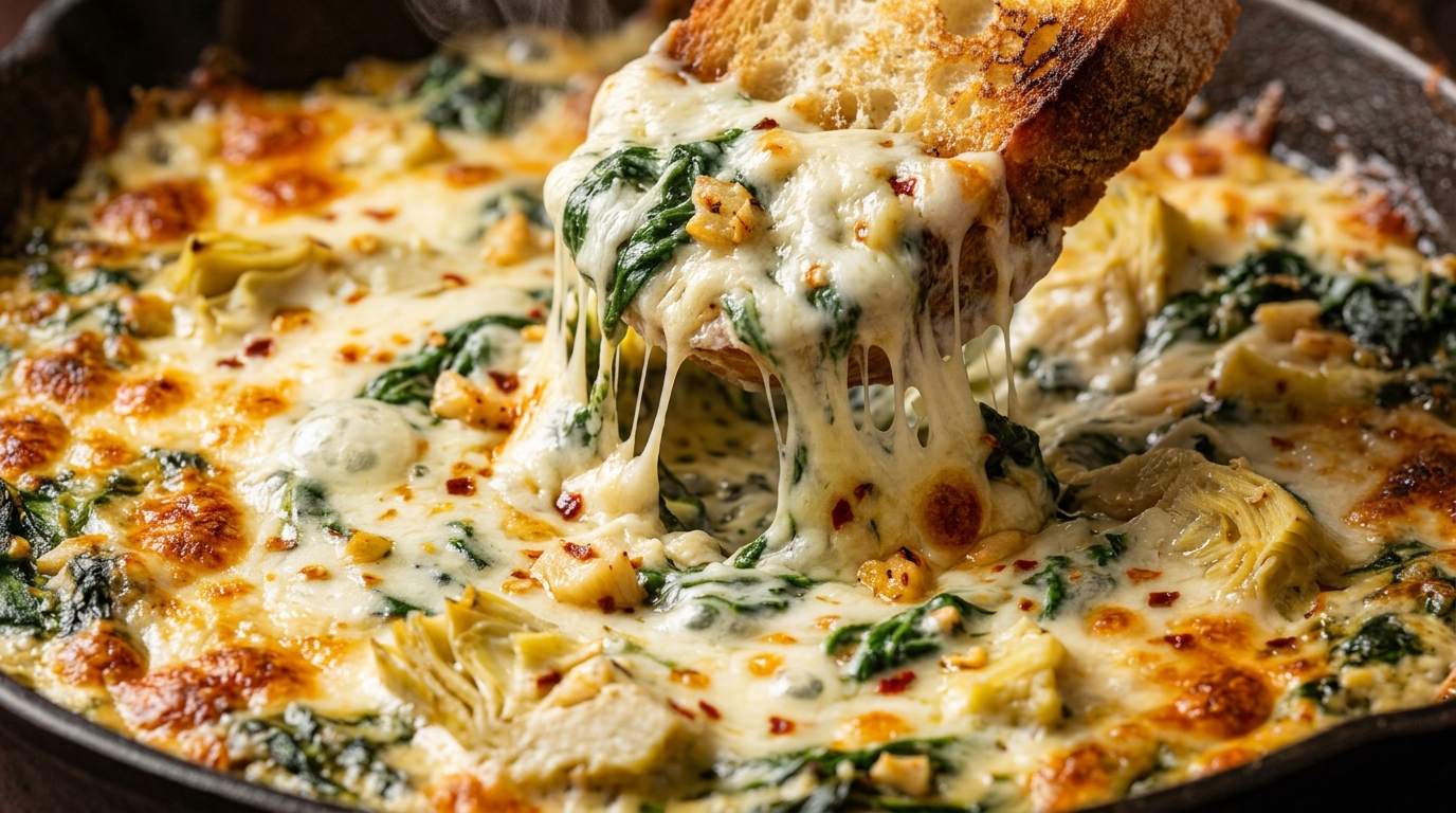 Ultra close-up macro of bubbling warm creamy garlic spinach and artichoke dip with melted mozzarella cheese pull in cast iron skillet