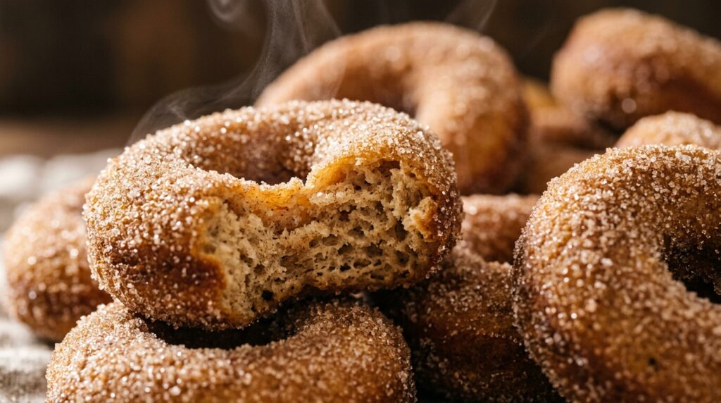 Ultra close-up macro of warm spiced apple cider baked cake donuts coated in sparkling cinnamon sugar crystals with a tender bite showing moist interior crumb