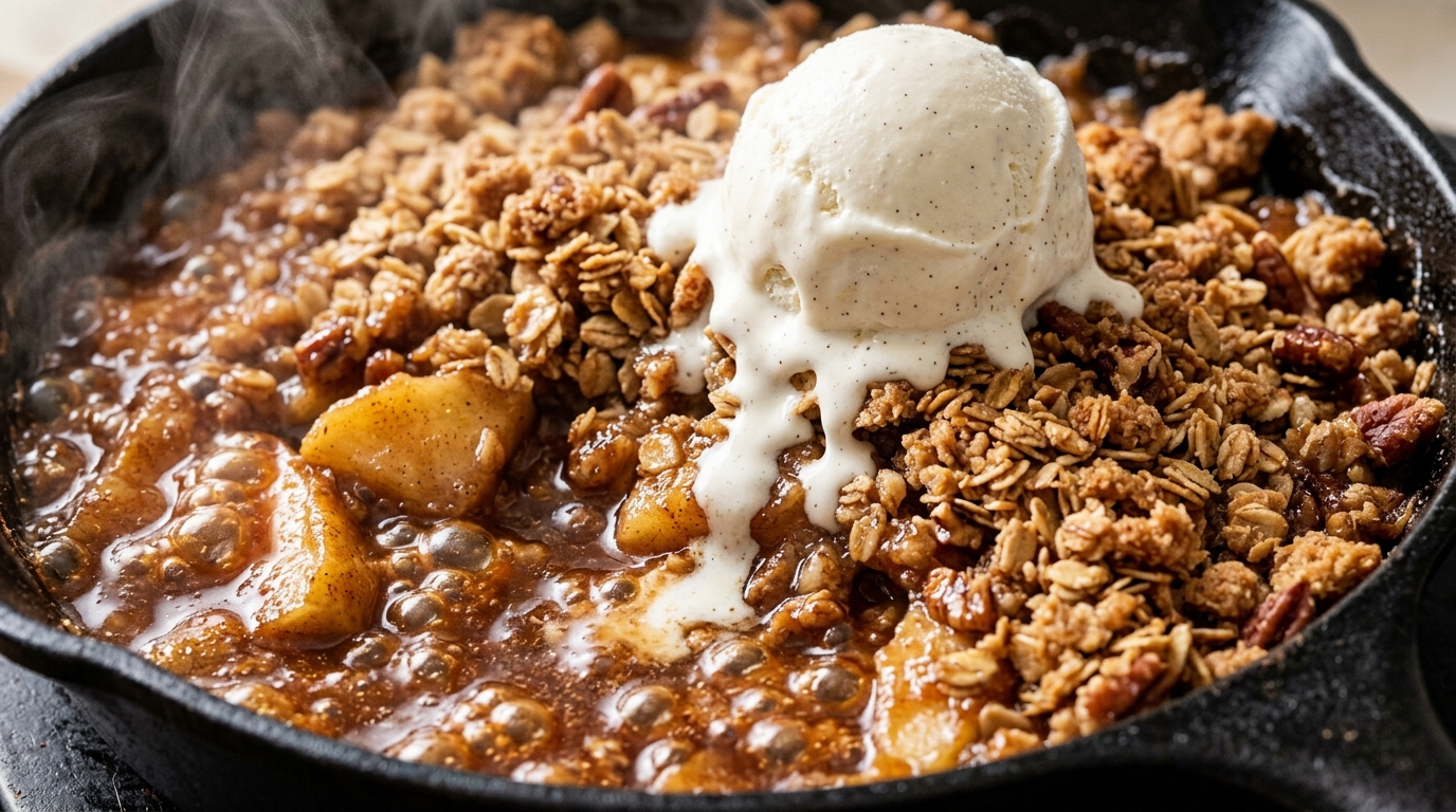 Ultra close-up macro of bubbling warm apple crisp under golden brown butter oat streusel topped with melting vanilla ice cream