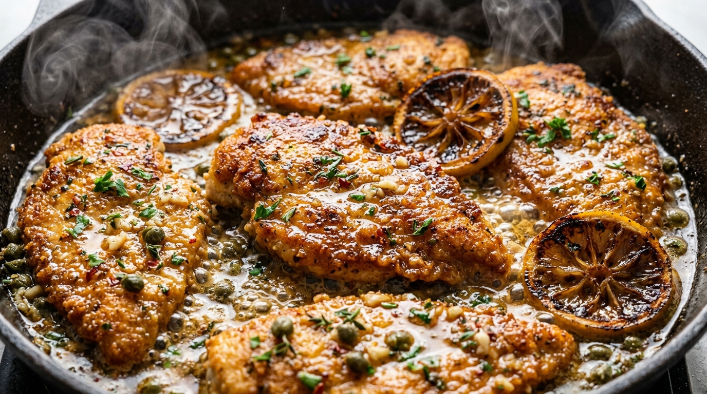 Ultra close-up macro of crispy golden pan-seared chicken cutlets simmering in a velvety lemon herb garlic butter pan sauce