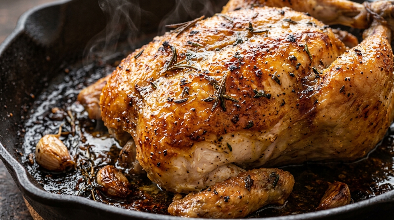 Ultra close-up macro of whole golden crispy roasted chicken skin glazed with garlic herb butter pan drippings