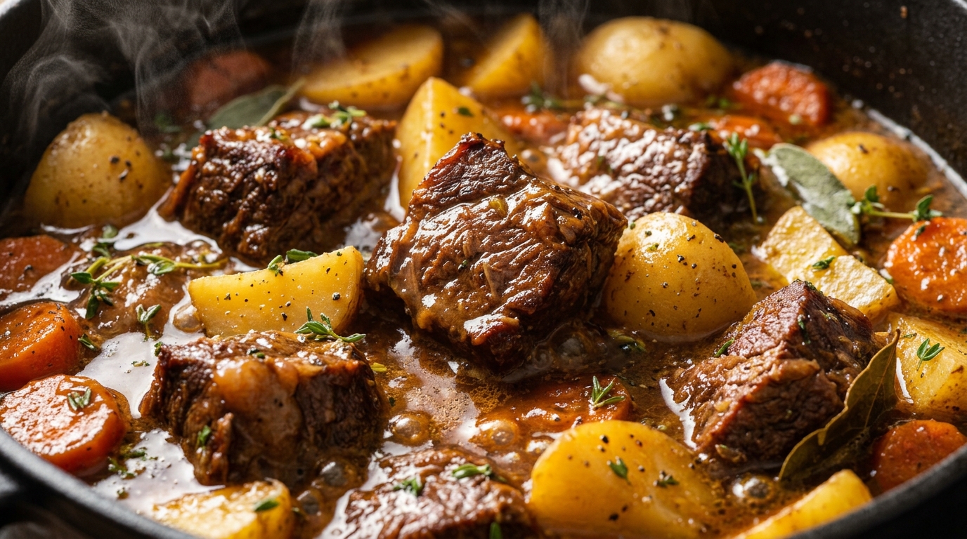 Ultra close-up macro of fork-tender beef chuck cubes and carrots simmering in rich mahogany gravy