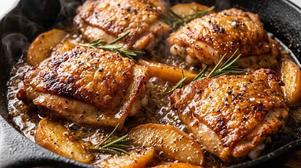 Ultra close-up macro food photography of skillet apple cider chicken thighs with caramelized Honeycrisp apples and fresh rosemary