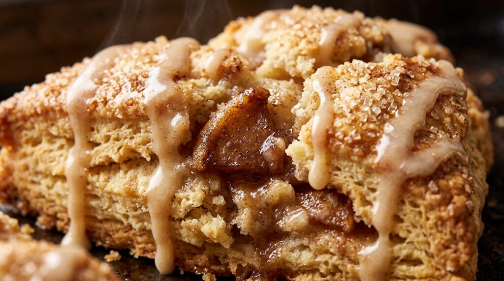 Ultra close-up macro food photography of a glazed bakery-style apple cinnamon scone with tender spiced apples and cascading maple vanilla glaze