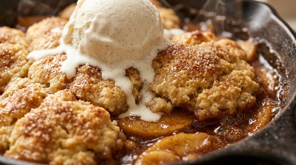 Ultra close-up macro food photography of warm old fashioned easy apple cobbler with bubbling cinnamon caramel apples and melting ice cream