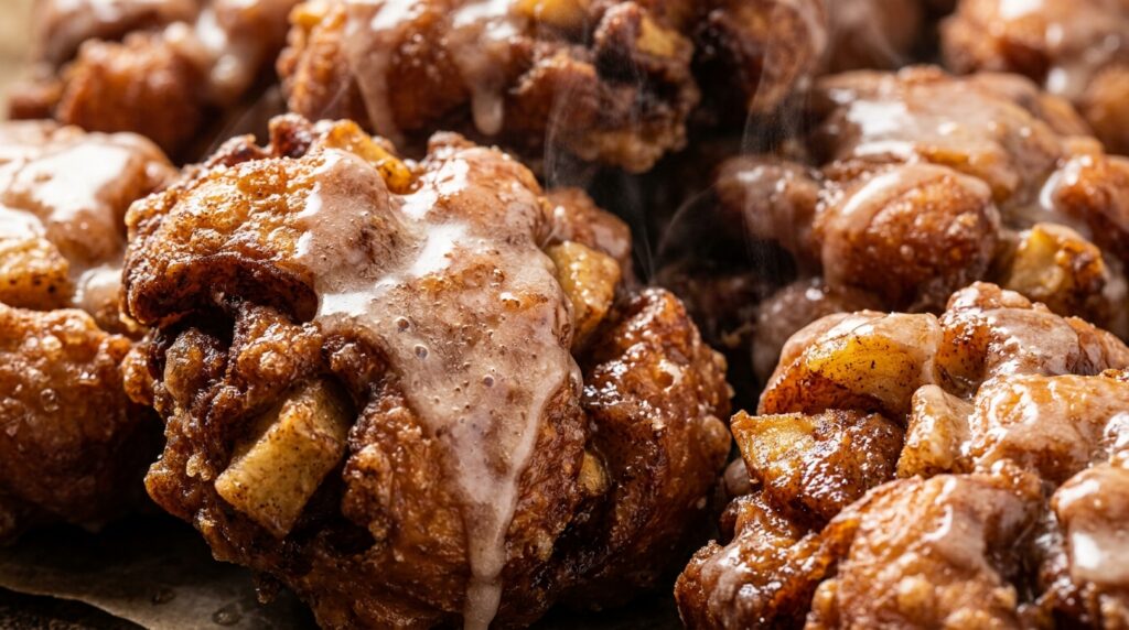 Ultra close-up macro food photography of golden crispy glazed cinnamon apple fritters with crackly glaze and tender spiced apple chunks