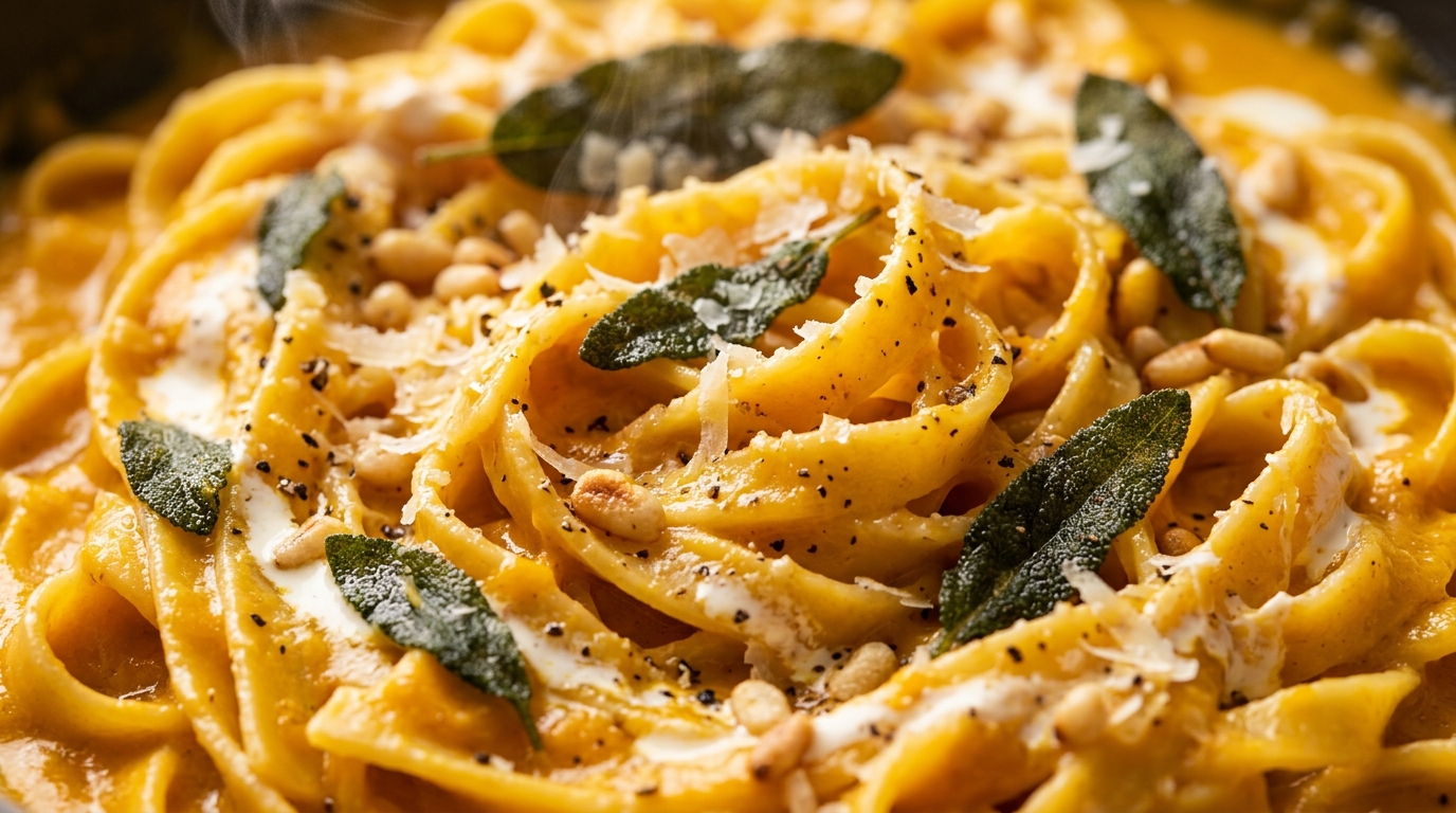 Ultra close-up macro food photography of creamy roasted garlic butternut squash fettuccine coated in velvety golden-orange sage cream sauce