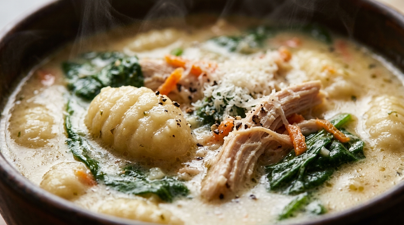 Ultra close-up macro food photography of slow-cooker creamy chicken gnocchi soup with tender shredded chicken, pillowy potato gnocchi, and wilted spinach