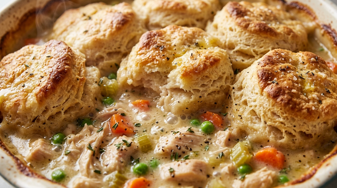 Ultra close-up macro food photography of easy homemade chicken pot pie casserole with flaky golden buttermilk biscuit crust bubbling over rich creamy herb chicken filling