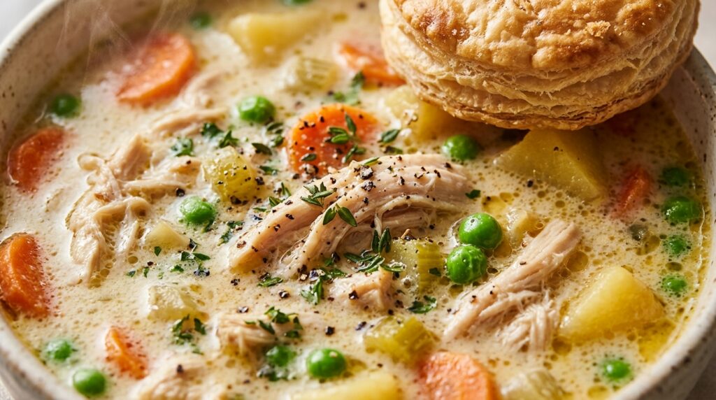 Ultra close-up macro food photography of ultra-creamy slow-cooker chicken pot pie soup with tender shredded chicken, sweet peas, and golden puff pastry