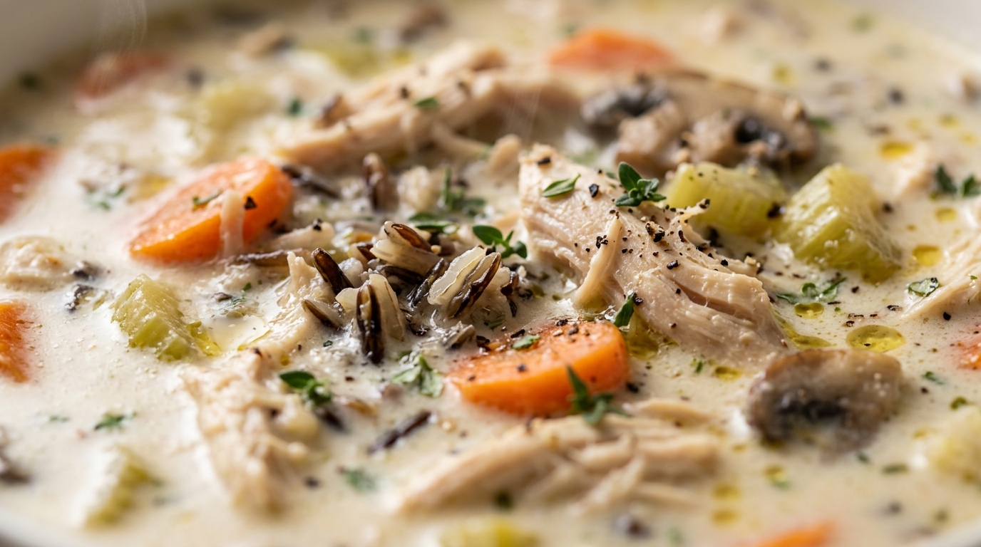 Ultra close-up macro food photography of slow-cooker creamy chicken and wild rice soup brimming with tender shredded chicken, dark wild rice grains, and vegetables