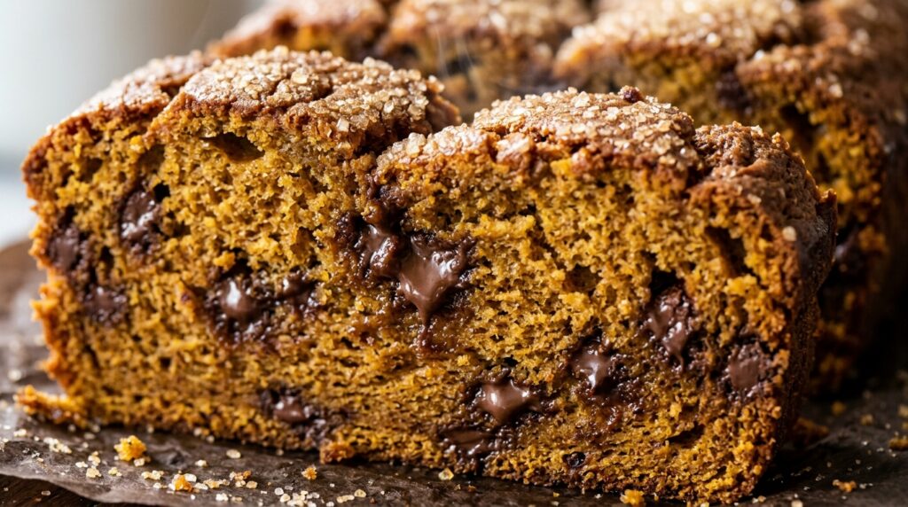 Ultra close-up macro food photography of moist bakery-style chocolate chip pumpkin bread loaded with melty semi-sweet chocolate chips and crackly cinnamon sugar crust