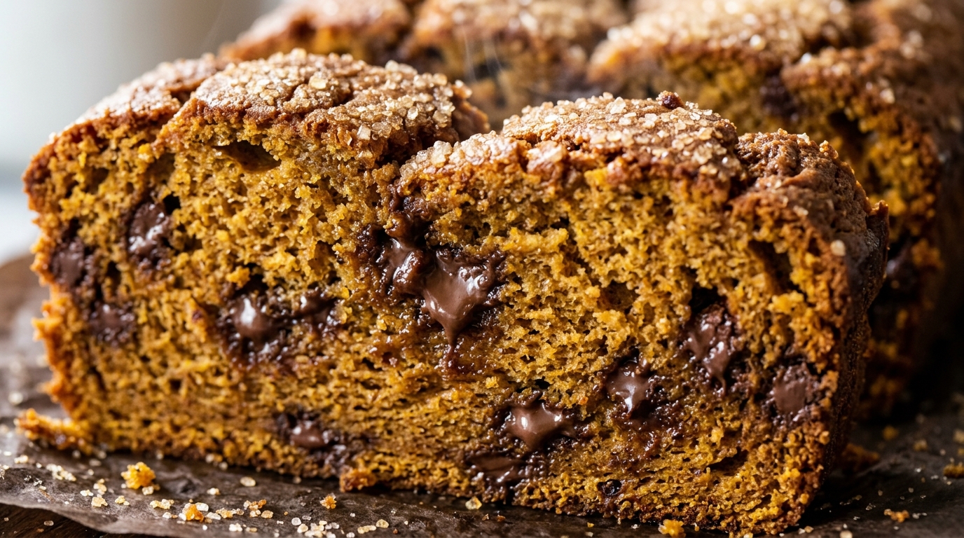 Ultra close-up macro food photography of moist bakery-style chocolate chip pumpkin bread loaded with melty semi-sweet chocolate chips and crackly cinnamon sugar crust