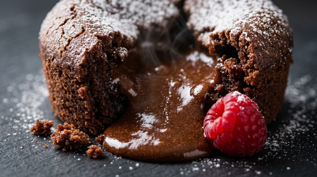 Ultra close-up macro food photography of an easy molten dark chocolate lava cake split open with warm glossy chocolate ganache flowing from its center
