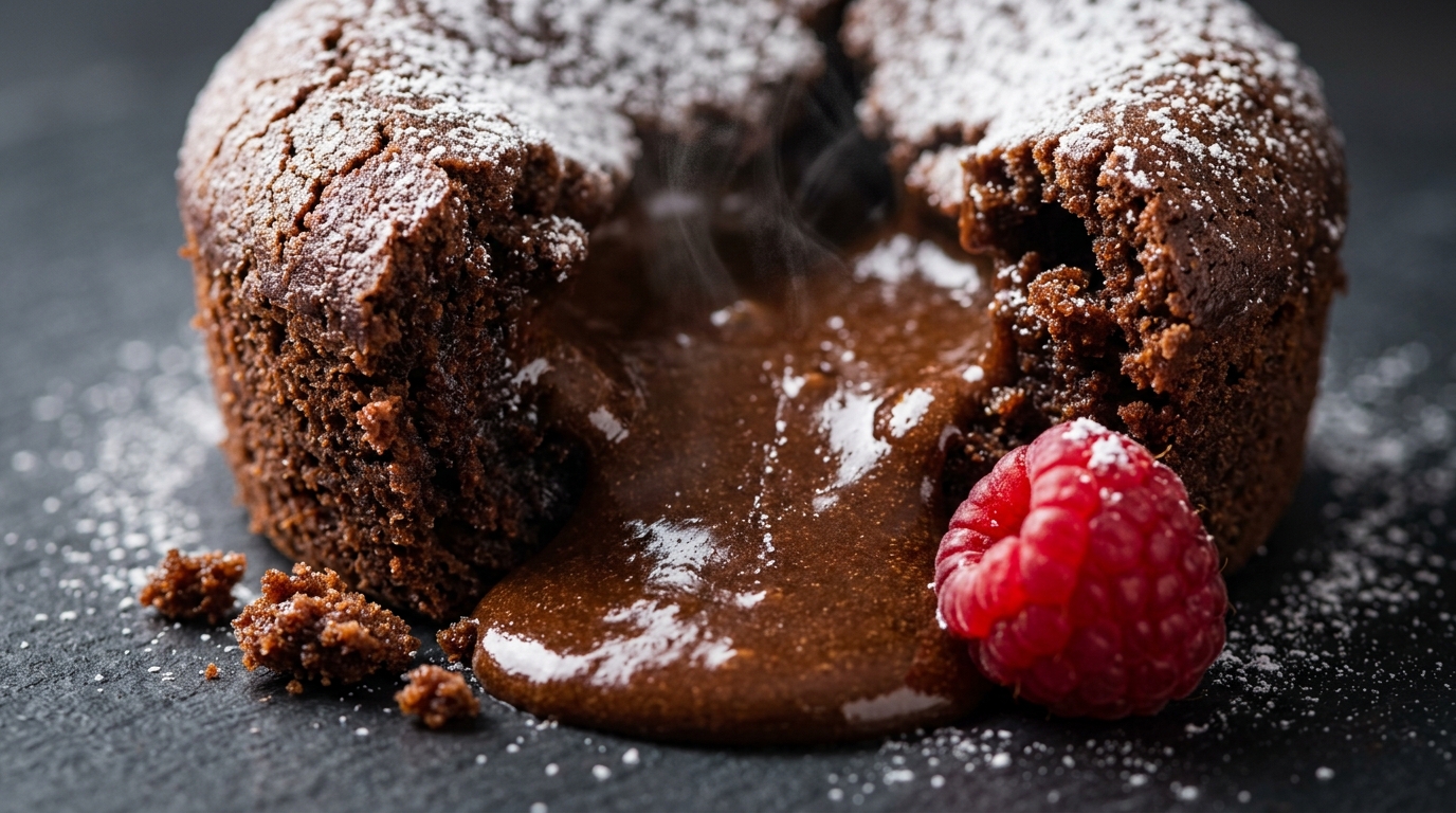 Ultra close-up macro food photography of an easy molten dark chocolate lava cake split open with warm glossy chocolate ganache flowing from its center