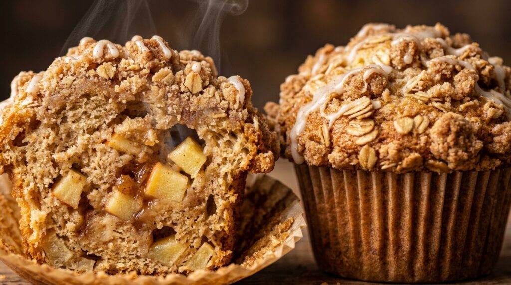Ultra close-up macro of bakery-style cinnamon apple streusel muffins with sky-high domed tops, crunchy brown sugar streusel, and moist crumb bursting with diced fresh apples