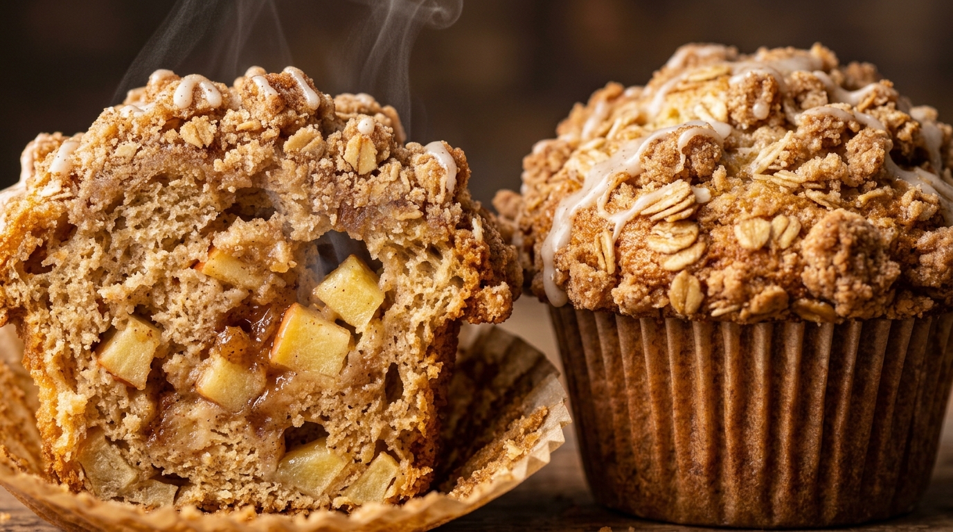 Ultra close-up macro of bakery-style cinnamon apple streusel muffins with sky-high domed tops, crunchy brown sugar streusel, and moist crumb bursting with diced fresh apples