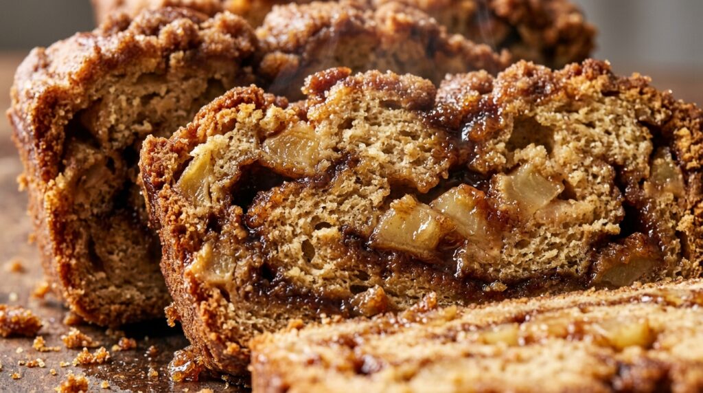 Ultra close-up macro food photography of a freshly sliced loaf of moist cinnamon swirl apple bread