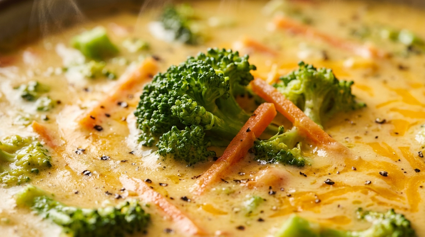 Ultra close-up macro of slow cooker broccoli cheddar soup showing rich velvety golden cheddar cheese broth, tender broccoli florets, and matchstick carrots with steam rising