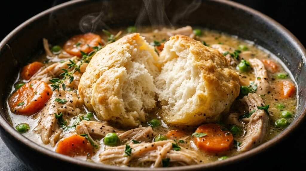 Ultra close-up macro of slow cooker chicken and dumplings made with canned biscuits showing rich herb gravy, shredded chicken, and fluffy steamed biscuit dumplings